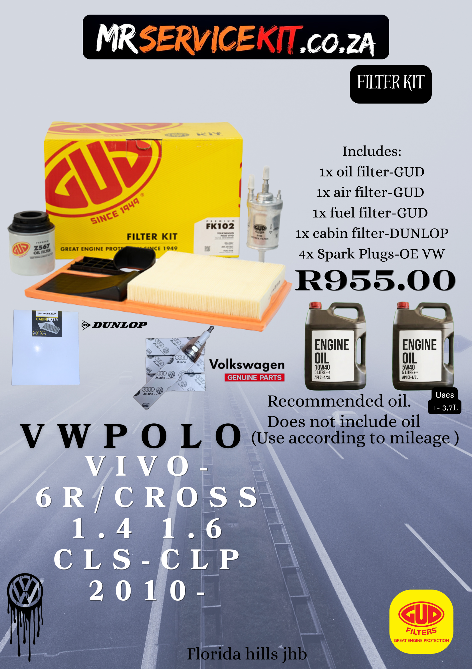 VW Polo Vivo 1.4/1.6 service kit with oil filter, air filter, spark plugs, fuel filter and cabin filter