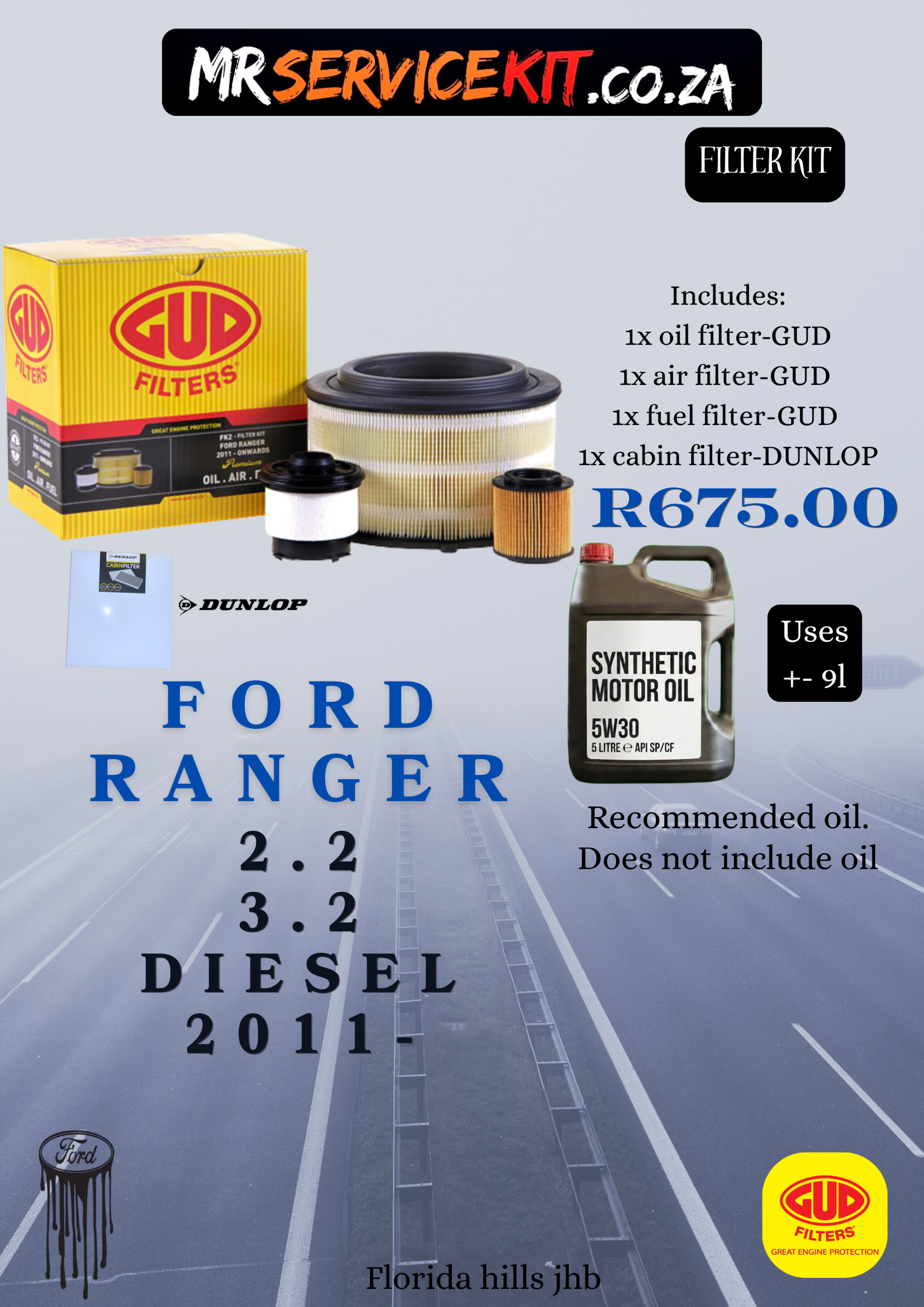 Ford Ranger 2.2/3.2 diesel service kit with oil filter, air filter, fuel filter, cabin filter